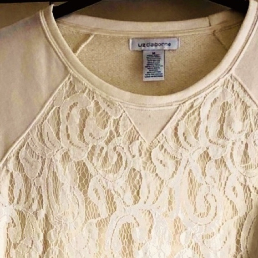 Women’s lightweight crew sweater lace overlay cream Liz Claiborne